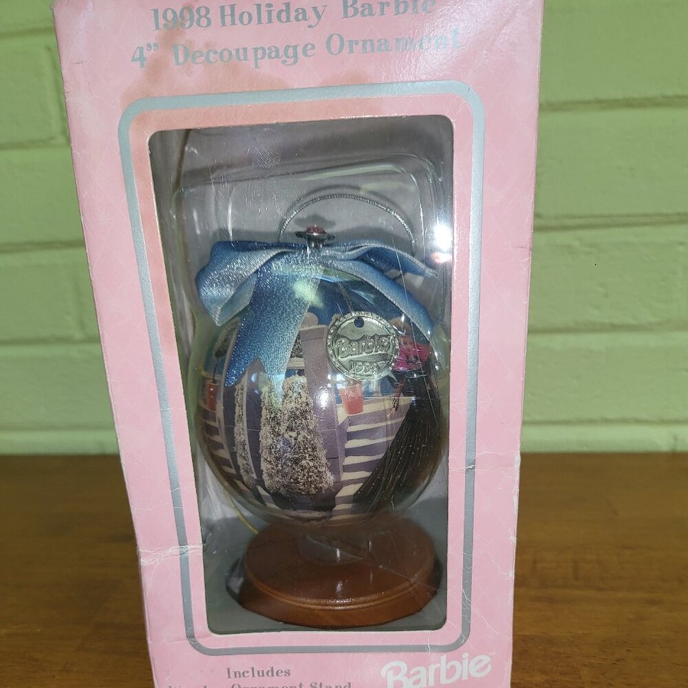 1998 Holiday Barbie 4" Decoupage Ornament w Wooden Ornament Stand MATTEL T1
